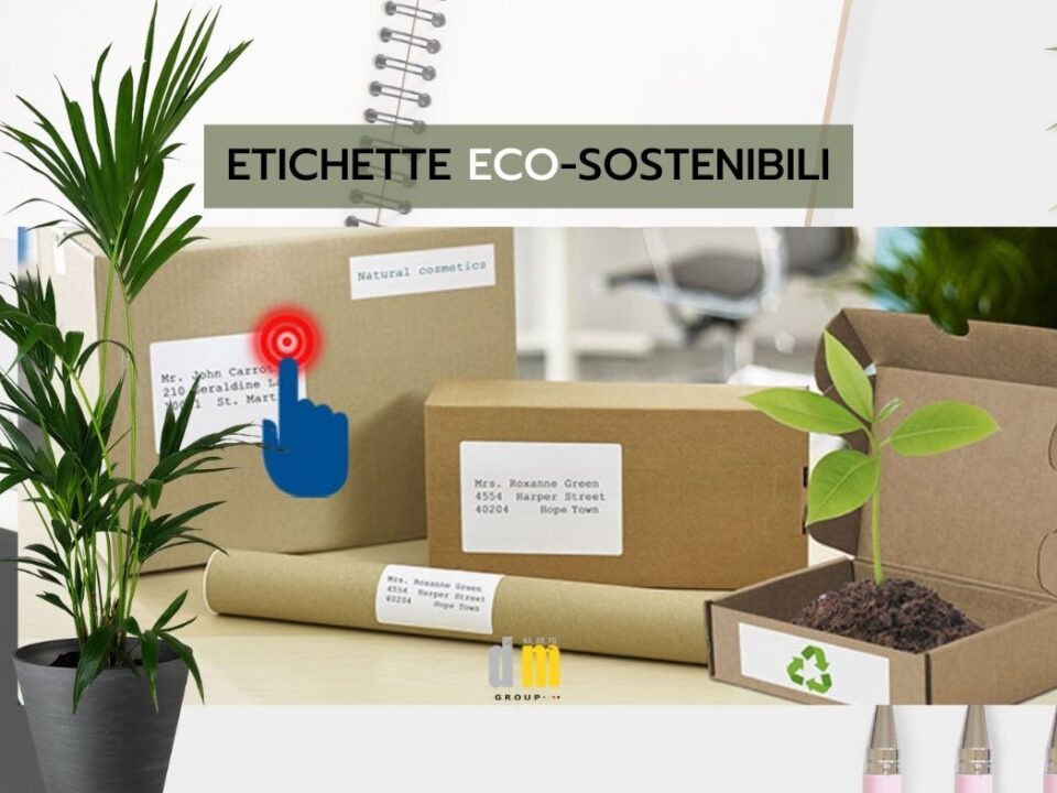 etichette eco-sostenibili per pacchi magazzino e archivio ufficio